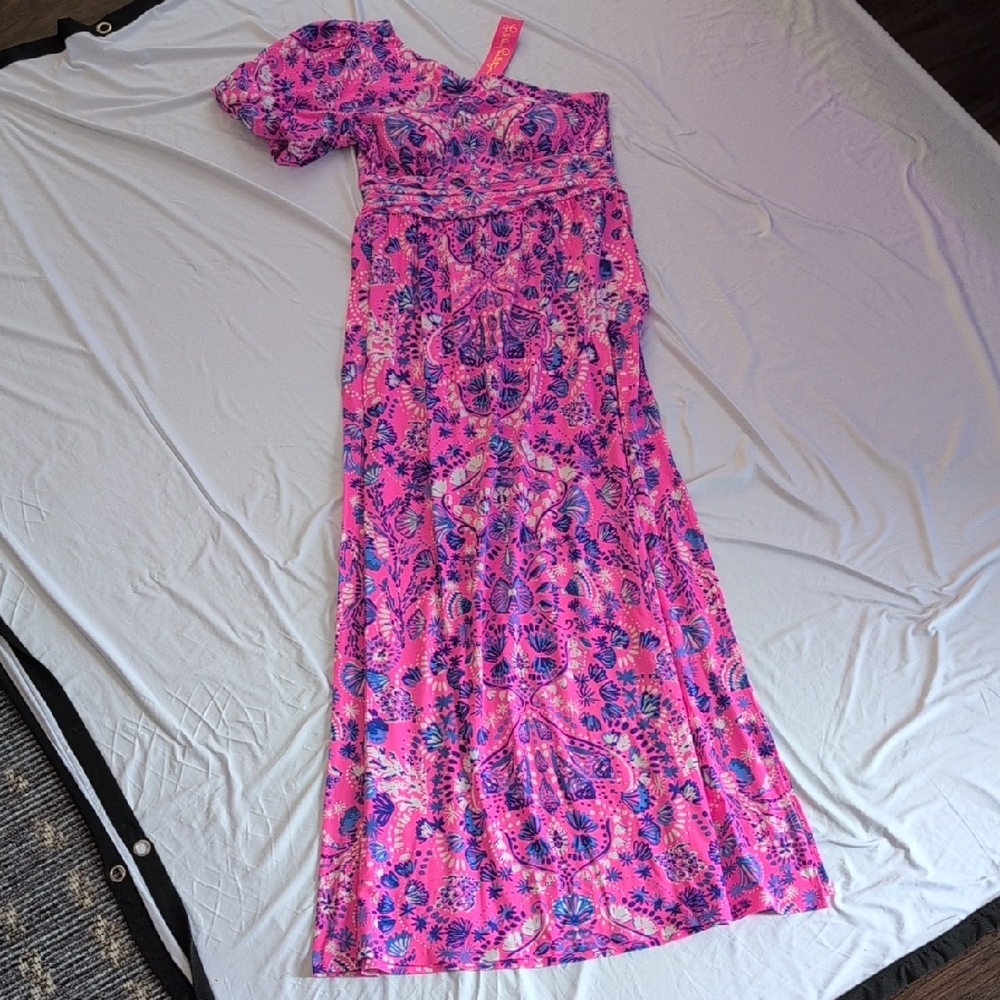 NWT Lilly Pulitzer Solana One Shoulder Maxi Dress in the Havana Pink Turtle Tide